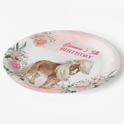 Pink pony verjaardag duizelig op cowgirl feest papieren bordje (Gekanteld)