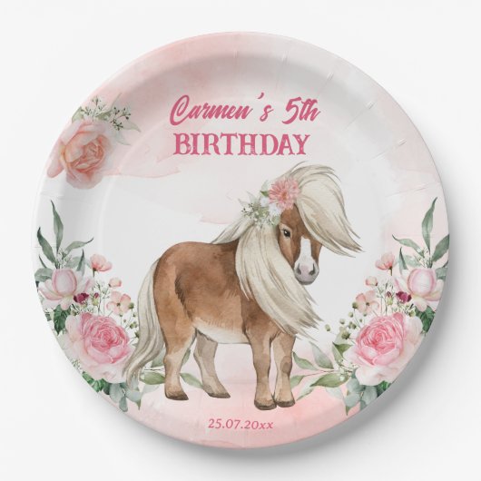 Pink pony verjaardag duizelig op cowgirl feest papieren bordje (Voorkant)