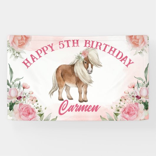 Pink pony verjaardag duizelig op cowgirl feest spandoek (Horizontaal)