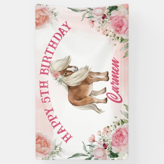 Pink pony verjaardag duizelig op cowgirl feest spandoek (Verticaal)
