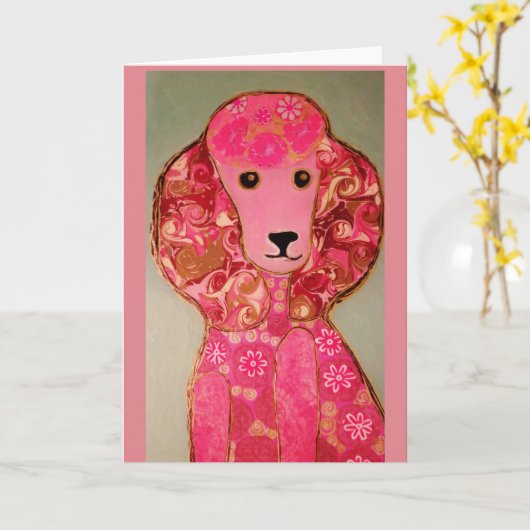 Pink Poodle Wenskaart Kaart (Gele Bloem)