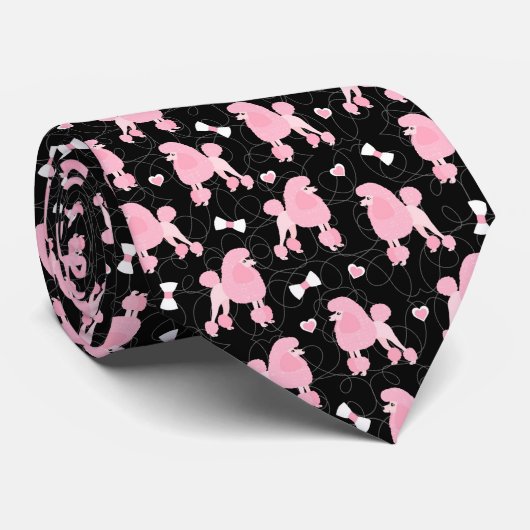 Pink Poodles and Bows Pattern Black Stropdas (Opgerold)