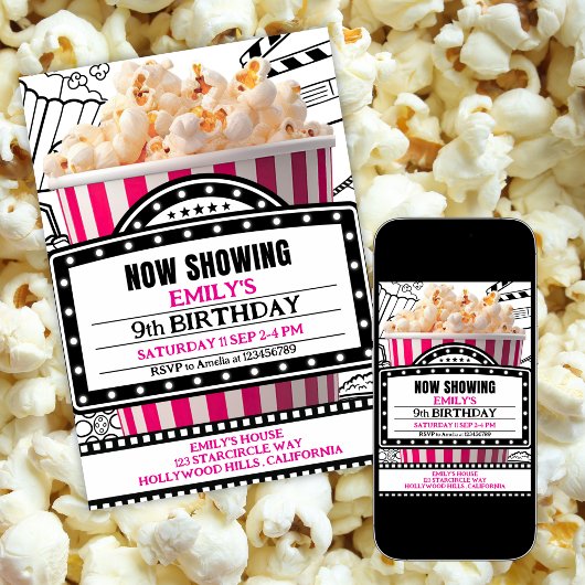 Pink Popcorn Movie Night Party Invitation Kaart