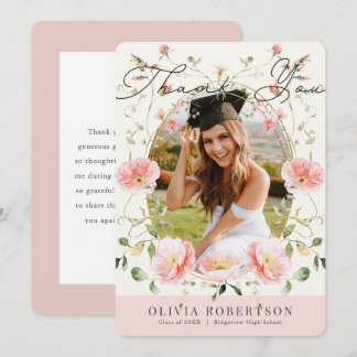 Pink Poppy Floral Photo Graduation Thank You Card Kaart