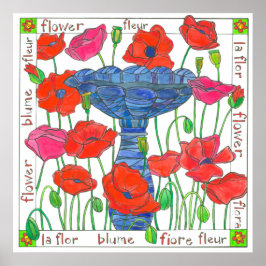 Pink Poppy Flowers Garden Bird Bath Poster
