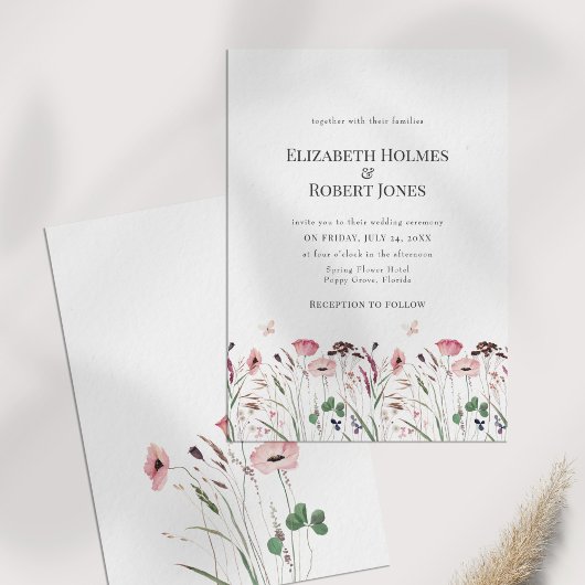 Pink Poppy Wildflower Meadow Wedding Invitation Kaart