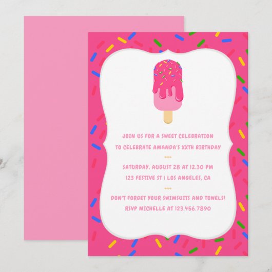 Pink Popsicle Summer Birthday Party Invitation Kaart (Voorkant / Achterkant)