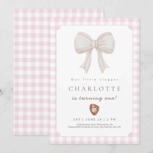 Pink Preppy Baseball Bow Birthday Invitation Bedankkaart (Voorkant / Achterkant)