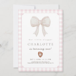 Pink Preppy Baseball Bow Birthday Invitation Bedankkaart
