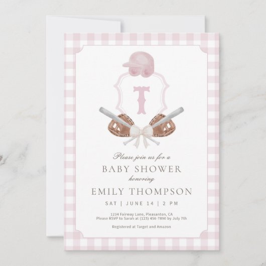 Pink Preppy Baseball Crest Baby shower Uitnodiging (Voorkant)