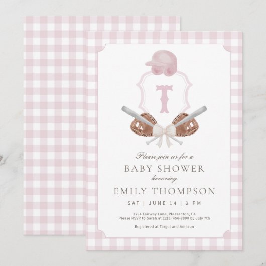 Pink Preppy Baseball Crest Baby shower Uitnodiging (Voorkant / Achterkant)