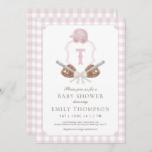 Pink Preppy Baseball Crest Baby shower Uitnodiging