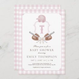 Pink Preppy Baseball Crest Baby shower Uitnodiging