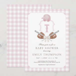 Pink Preppy Baseball Crest Baby shower Uitnodiging