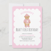 Pink Preppy Bear Beary First Birthday Invitation Kaart (Voorkant)