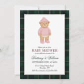 Pink Preppy Bear Designer Plaid Baby Shower Kaart (Voorkant)