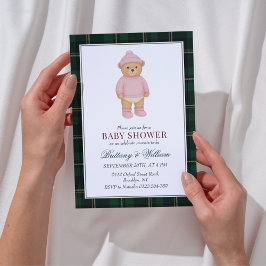 Pink Preppy Bear Designer Plaid Baby Shower Kaart