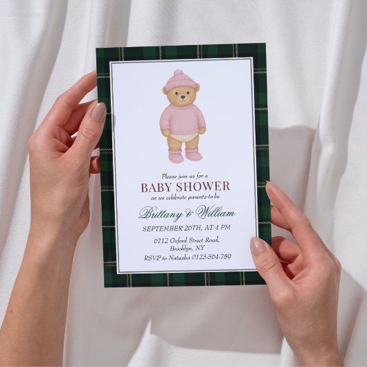 Pink Preppy Bear Designer Plaid Baby Shower Kaart