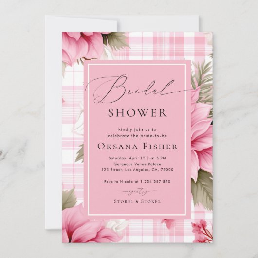 Pink Preppy Plaid Christmas Floral Bridal Shower Kaart (Voorkant)