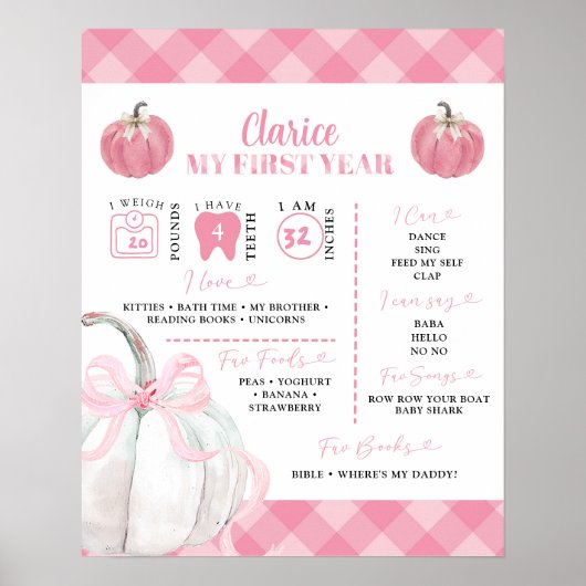 Pink Preppy Pumpkin Girl's eerste verjaardagsbord Poster (Voorkant)