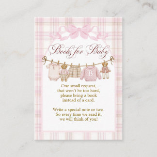 Pink Preppy Teddy Bear Girl Baby Shower books Informatiekaartje