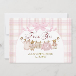 Pink Preppy Teddy Bear Girl Baby Shower Plaid Bow Bedankkaart