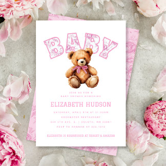 Pink Preppy Varsity Teddy Bear Baby Shower Kaart