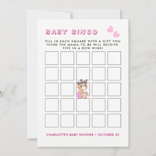 Pink Princess Baby shower Baby Bingo spel Kaart (Voorkant)