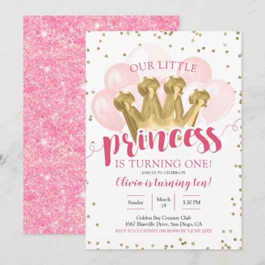 Pink Princess Balloon - uitnodiging (Voorkant / Achterkant)