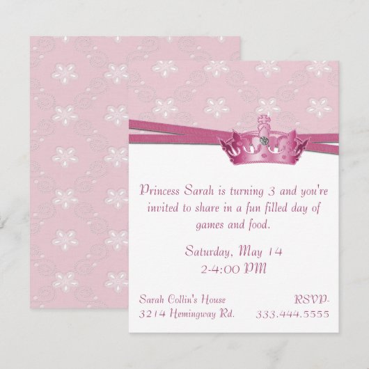 Pink Princess Birthday Uitnodiging (Voorkant / Achterkant)