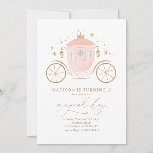 Pink Princess Carriage Girl Birthday Party Kaart (Voorkant)