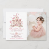 Pink Princess Castle Floral 1st Birthday Photo Kaart (Voorkant)