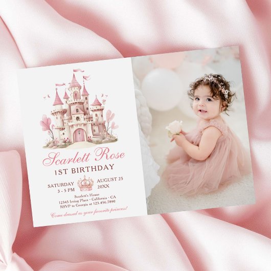 Pink Princess Castle Floral 1st Birthday Photo Kaart
