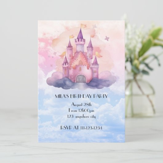 Pink princess castle girl birthday invitation kaart (Staand voorkant)