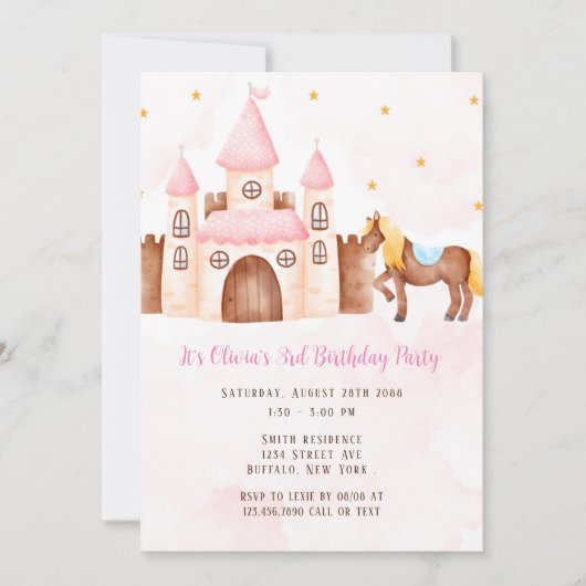 Pink Princess Castle Horse Birthday Party Kaart (Voorkant)
