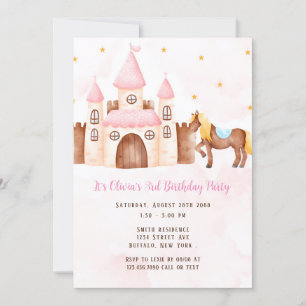 Pink Princess Castle Horse Birthday Party Kaart