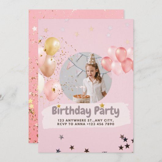 Pink Princess Confetti Birthday Uitnodiging (Voorkant / Achterkant)