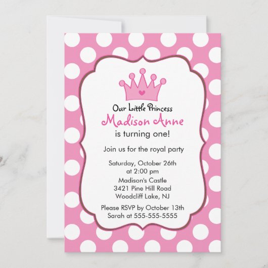 Pink Princess Crown Birthday Party Invitation Kaart (Voorkant)