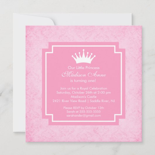 Pink Princess Crown Birthday Party Invitation Kaart (Voorkant)