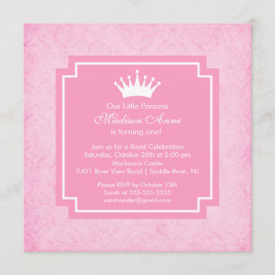 Pink Princess Crown Birthday Party Invitation Kaart