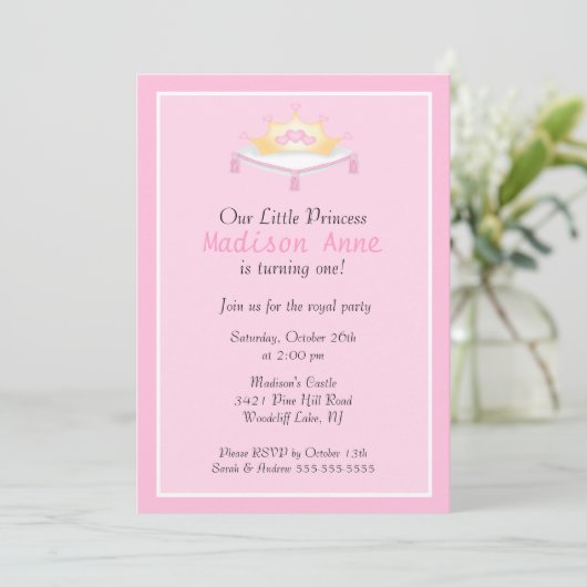 Pink Princess Crown Birthday Party Invitation Kaart (Staand voorkant)