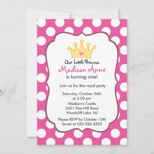 Pink Princess Crown Birthday Party Invitation Kaart (Voorkant)