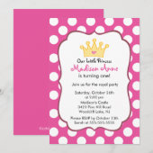Pink Princess Crown Birthday Party Invitation Kaart (Voorkant / Achterkant)