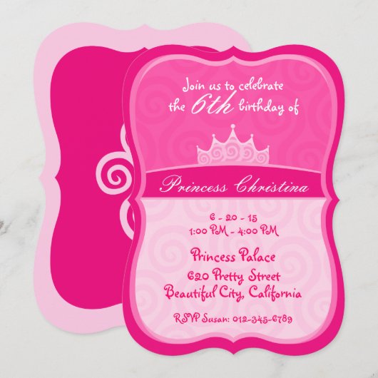 Pink Princess Crown Spirals Birthday Kaart (Voorkant / Achterkant)