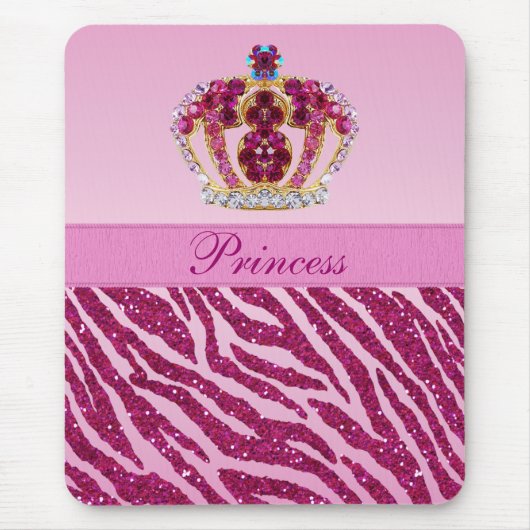 Pink Princess Crown Zebra Glitter Print Mousepad Muismat (Voorkant)