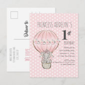 Pink Princess Elephant Balloon Stippen 1e verjaard Uitnodiging Briefkaart (Voorkant / Achterkant)