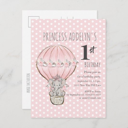 Pink Princess Elephant Balloon Stippen 1e verjaard Uitnodiging Briefkaart (Voorkant / Achterkant)