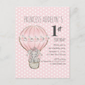 Pink Princess Elephant Balloon Stippen 1e verjaard Uitnodiging Briefkaart (Voorkant)