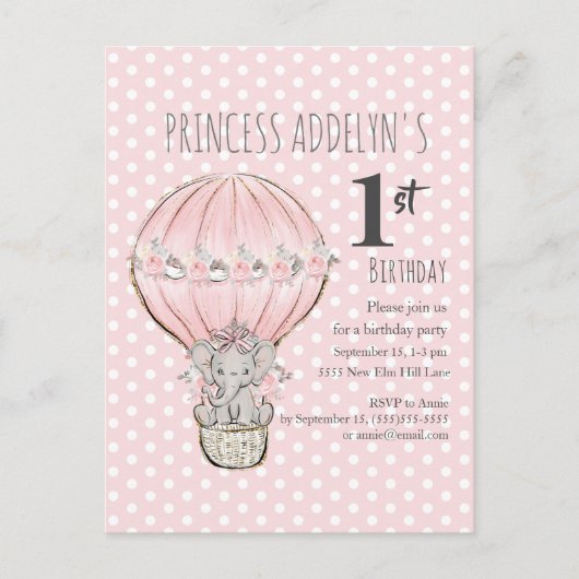 Pink Princess Elephant Balloon Stippen 1e verjaard Uitnodiging Briefkaart (Voorkant)