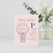 Pink Princess Elephant Balloon Stippen 1e verjaard Uitnodiging Briefkaart (Staand voorkant)